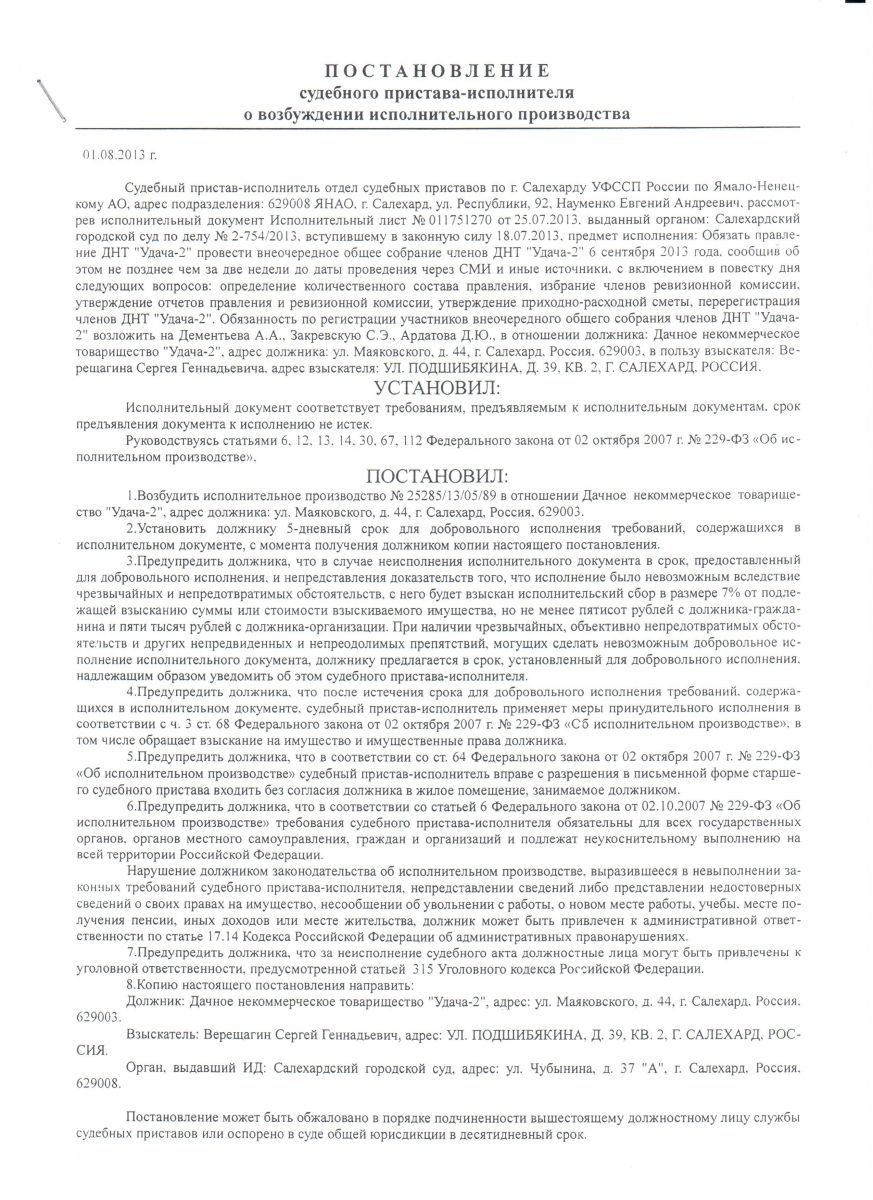 ПОСТАНОВЛЕНИЕ Судебного пристава исполнителя о возбуждении исполнительного  производства от 01.08.2013 г. - ДНТ “Север”